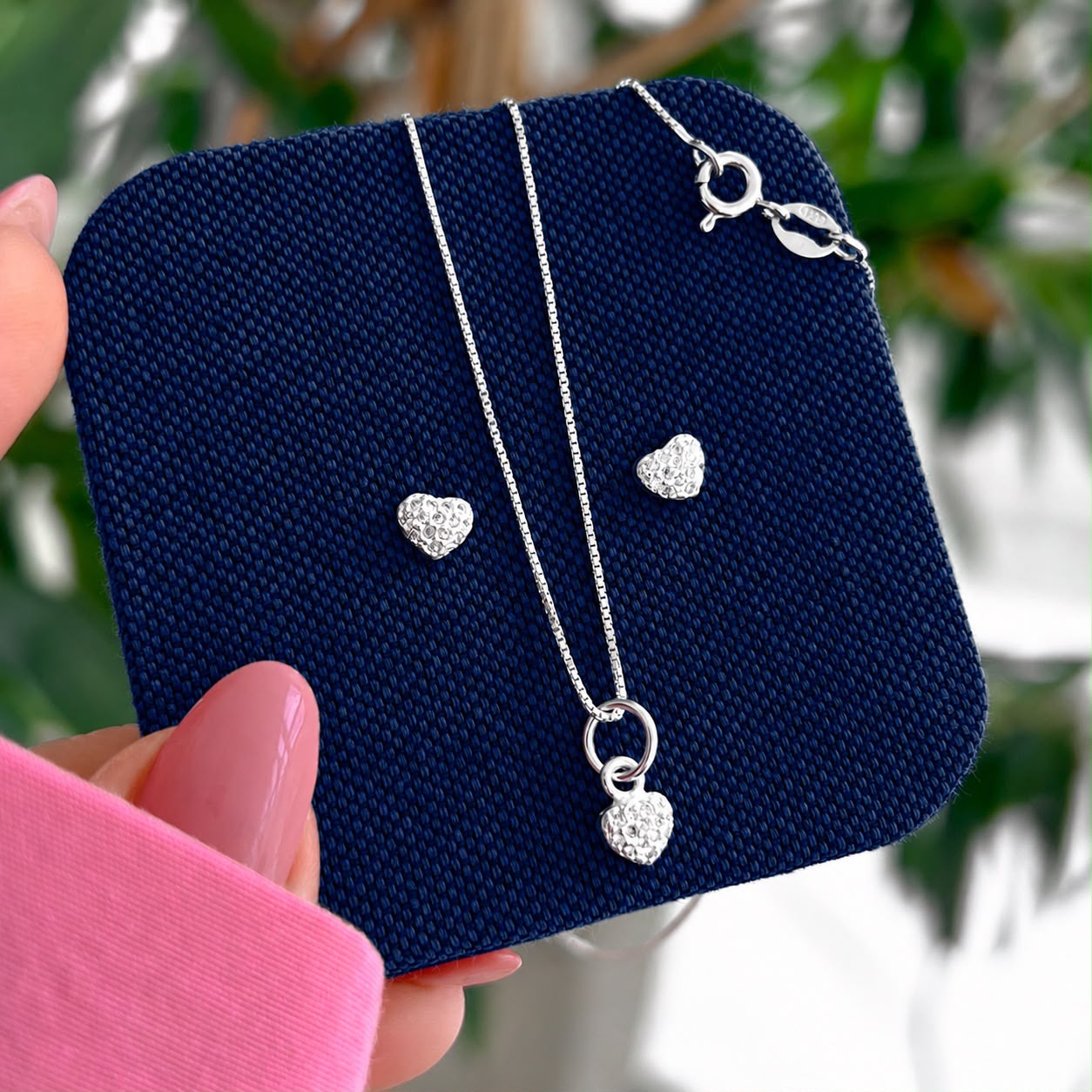 Conjunto colar e brincos coração com zircônias cristal